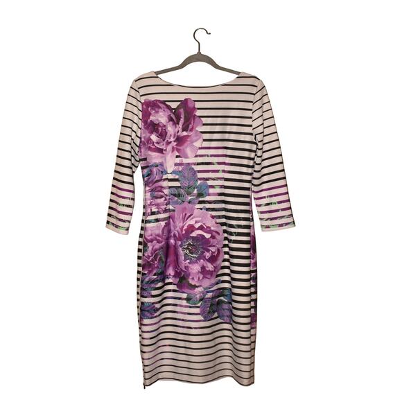 BEIGE BY ECI‎ $148 Scuba Knit Floral Print Striped Sheath Dress 3/4 Sleeves 10 - Picture 2 of 4